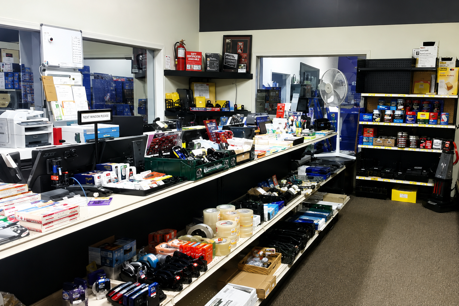 Store interior with office supply displays